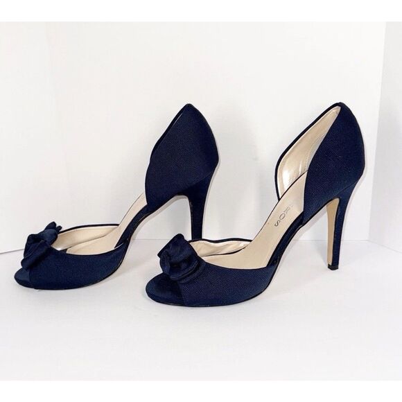 Caparros Navy Blue Heels Bow Peep Toe Pump Dressy Nautical Formal Stiletto 9.5 B - Picture 1 of 16